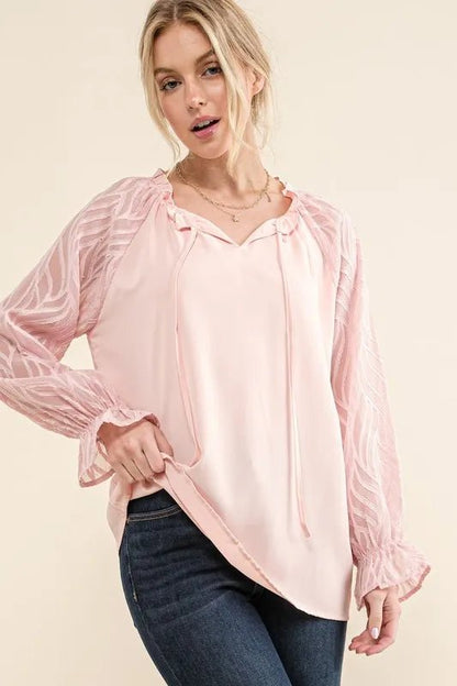 And The Why Leaves Shape Textured Sleeve Blouse - Bitsy Gypsy Boutique