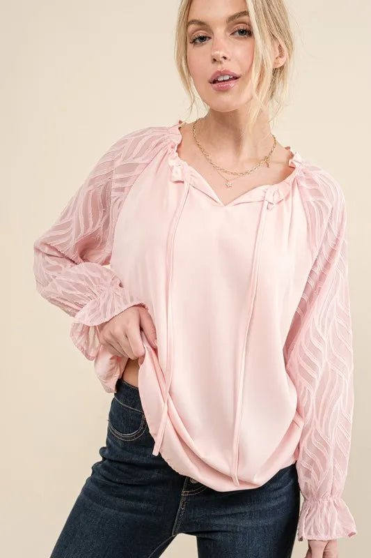 And The Why Leaves Shape Textured Sleeve Blouse - Bitsy Gypsy Boutique