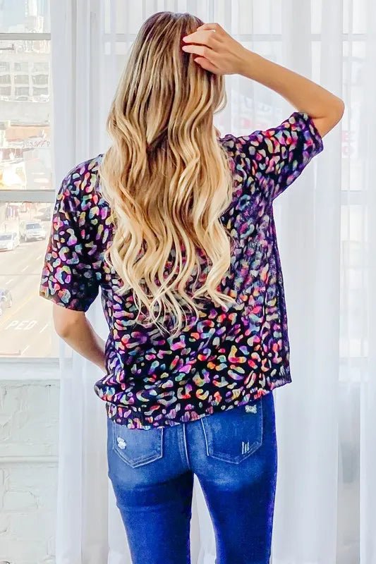 And The Why Leopard Foil Printed Half Sleeve Summer Sweater - Bitsy Gypsy Boutique