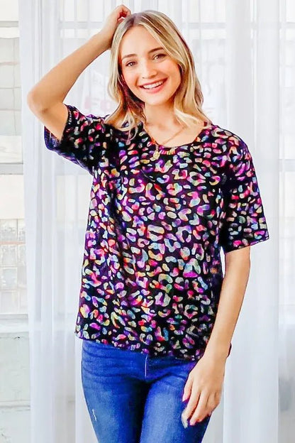 And The Why Leopard Foil Printed Half Sleeve Summer Sweater - Bitsy Gypsy Boutique