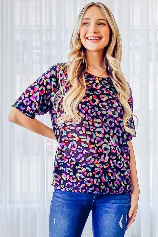 And The Why Leopard Foil Printed Half Sleeve Summer Sweater - Bitsy Gypsy Boutique