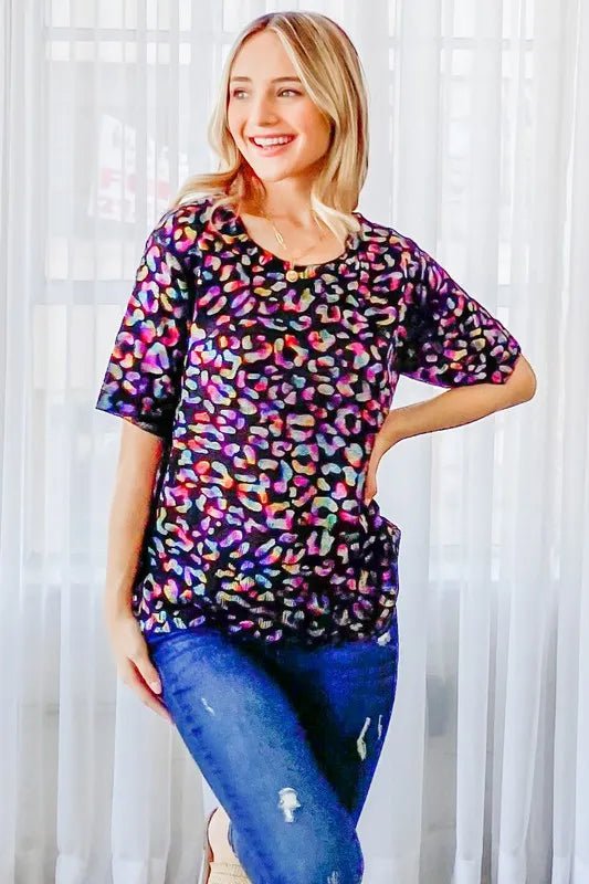 And The Why Leopard Foil Printed Half Sleeve Summer Sweater - Bitsy Gypsy Boutique