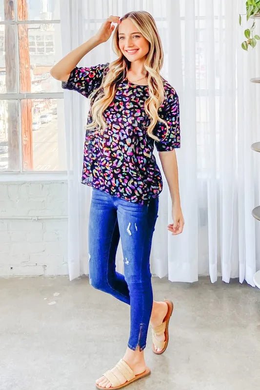And The Why Leopard Foil Printed Half Sleeve Summer Sweater - Bitsy Gypsy Boutique