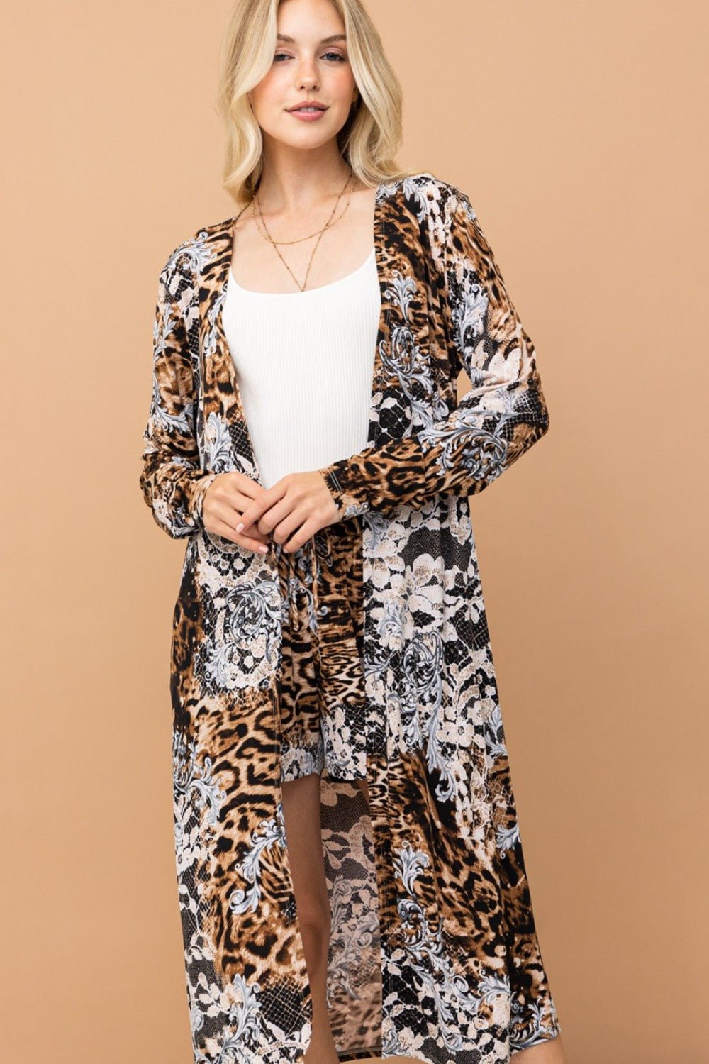 And The Why Leopard Kimono Open Front Longline Cardigan - Bitsy Gypsy Boutique