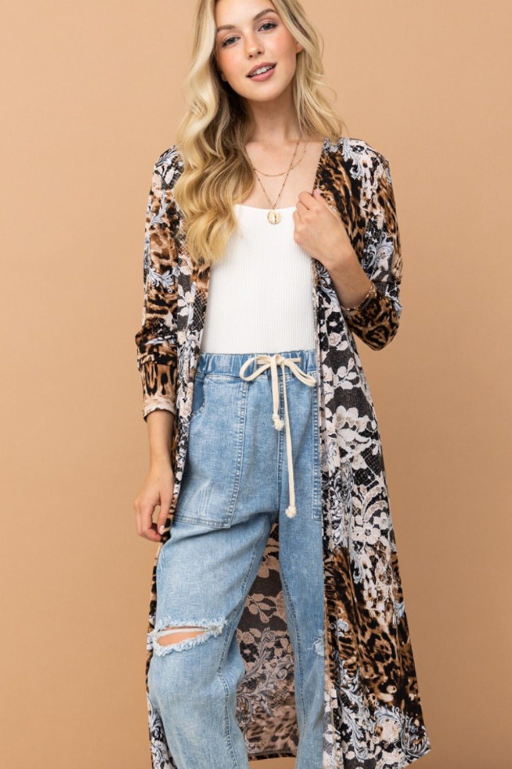 And The Why Leopard Kimono Open Front Longline Cardigan - Bitsy Gypsy Boutique