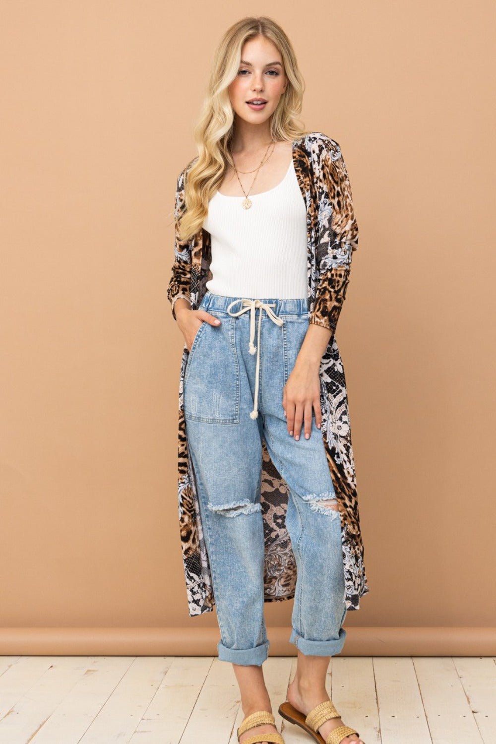 And The Why Leopard Kimono Open Front Longline Cardigan - Bitsy Gypsy Boutique