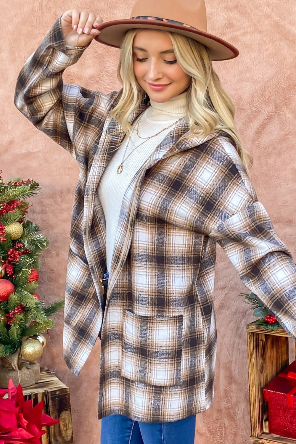 And The Why Plaid Open Front Hooded Shacket - Bitsy Gypsy Boutique