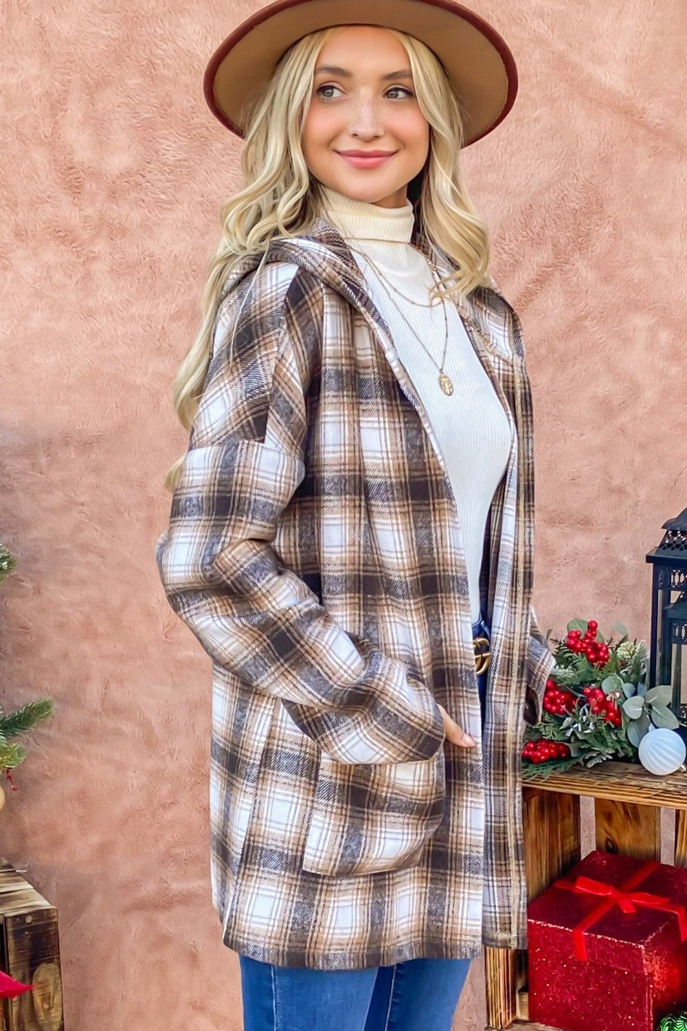 And The Why Plaid Open Front Hooded Shacket - Bitsy Gypsy Boutique