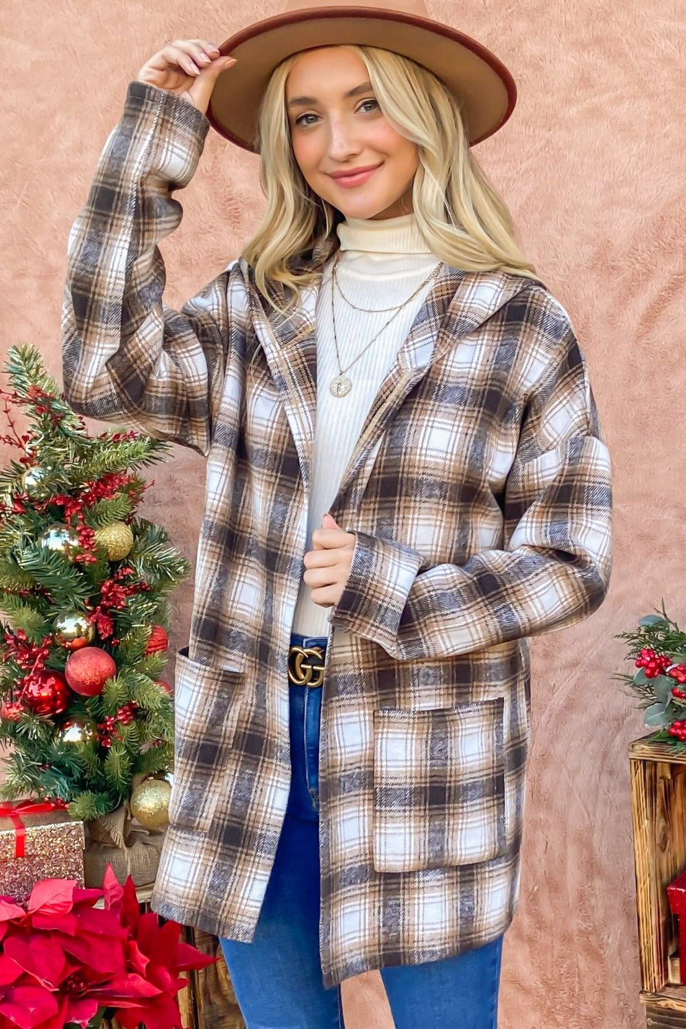 And The Why Plaid Open Front Hooded Shacket - Bitsy Gypsy Boutique