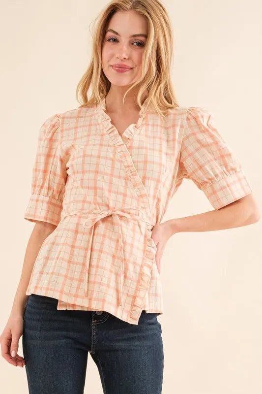 And The Why Plaid Patterned and Ruffled Wrap Blouse Top - Bitsy Gypsy Boutique