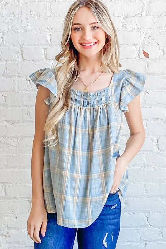 And The Why Plaid Print Smocked Detail Ruffle Baby Doll Top - Bitsy Gypsy Boutique