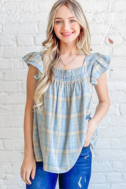 And The Why Plaid Print Smocked Detail Ruffle Baby Doll Top - Bitsy Gypsy Boutique