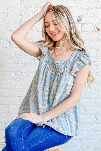 And The Why Plaid Print Smocked Detail Ruffle Baby Doll Top - Bitsy Gypsy Boutique