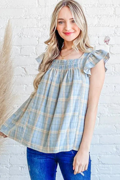 And The Why Plaid Print Smocked Detail Ruffle Baby Doll Top - Bitsy Gypsy Boutique