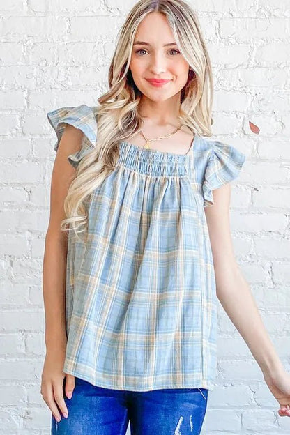 And The Why Plaid Print Smocked Detail Ruffle Baby Doll Top - Bitsy Gypsy Boutique