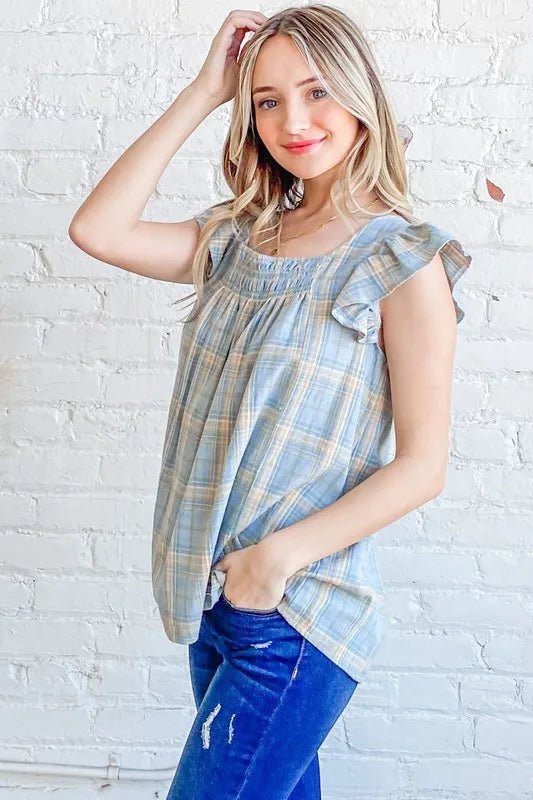 And The Why Plaid Print Smocked Detail Ruffle Baby Doll Top - Bitsy Gypsy Boutique