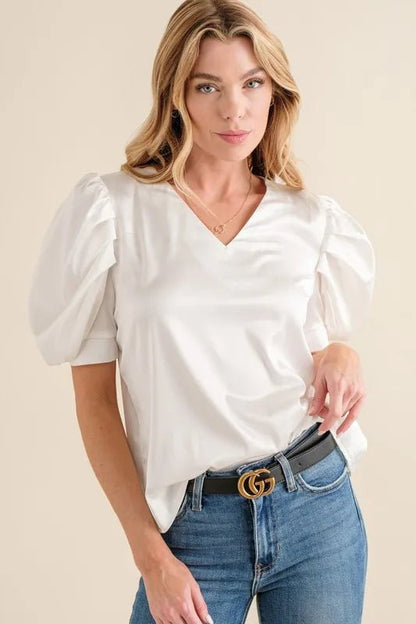 And The Why Plain Satin Puff Shirring V Neck Blouse Top - Bitsy Gypsy Boutique