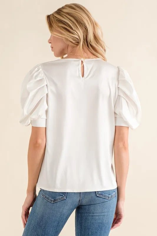 And The Why Plain Satin Puff Shirring V Neck Blouse Top - Bitsy Gypsy Boutique