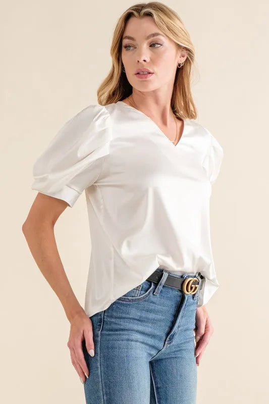 And The Why Plain Satin Puff Shirring V Neck Blouse Top - Bitsy Gypsy Boutique