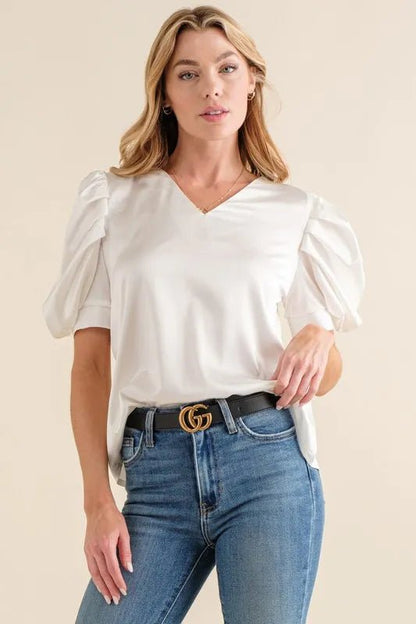 And The Why Plain Satin Puff Shirring V Neck Blouse Top - Bitsy Gypsy Boutique