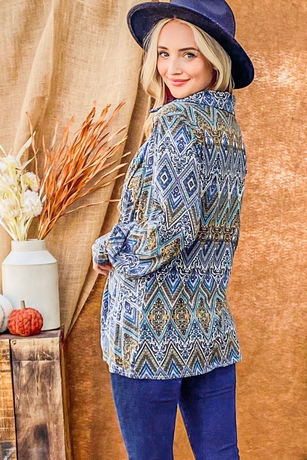 And The Why Print Twist Knot Long Sleeve Blouse - Bitsy Gypsy Boutique