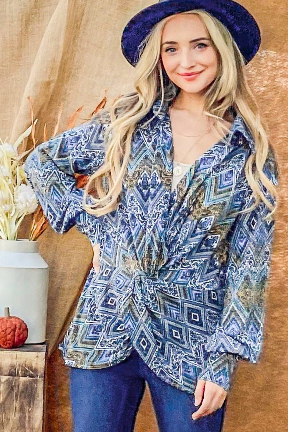 And The Why Print Twist Knot Long Sleeve Blouse - Bitsy Gypsy Boutique