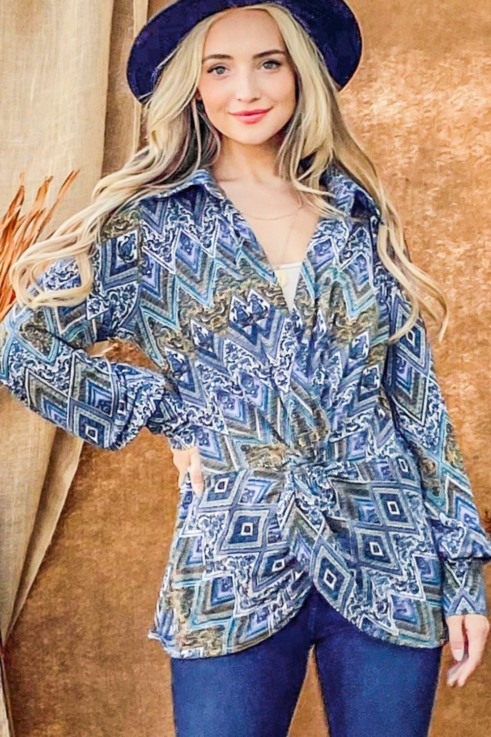 And The Why Print Twist Knot Long Sleeve Blouse - Bitsy Gypsy Boutique