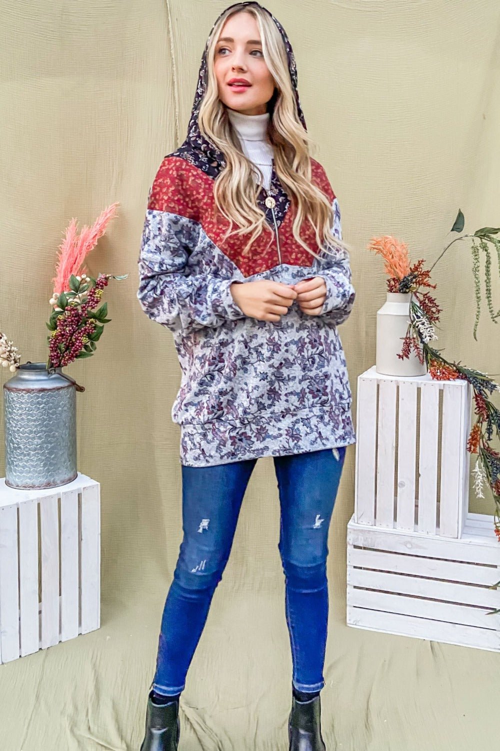 And The Why Printed Half Zip Up Long Sleeve Hoodie - Bitsy Gypsy Boutique