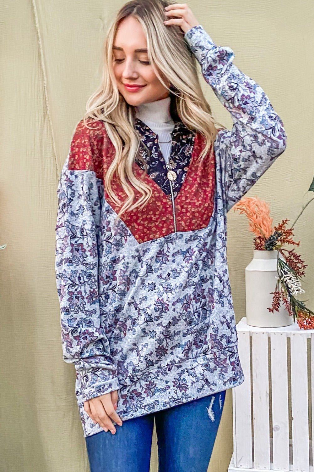 And The Why Printed Half Zip Up Long Sleeve Hoodie - Bitsy Gypsy Boutique