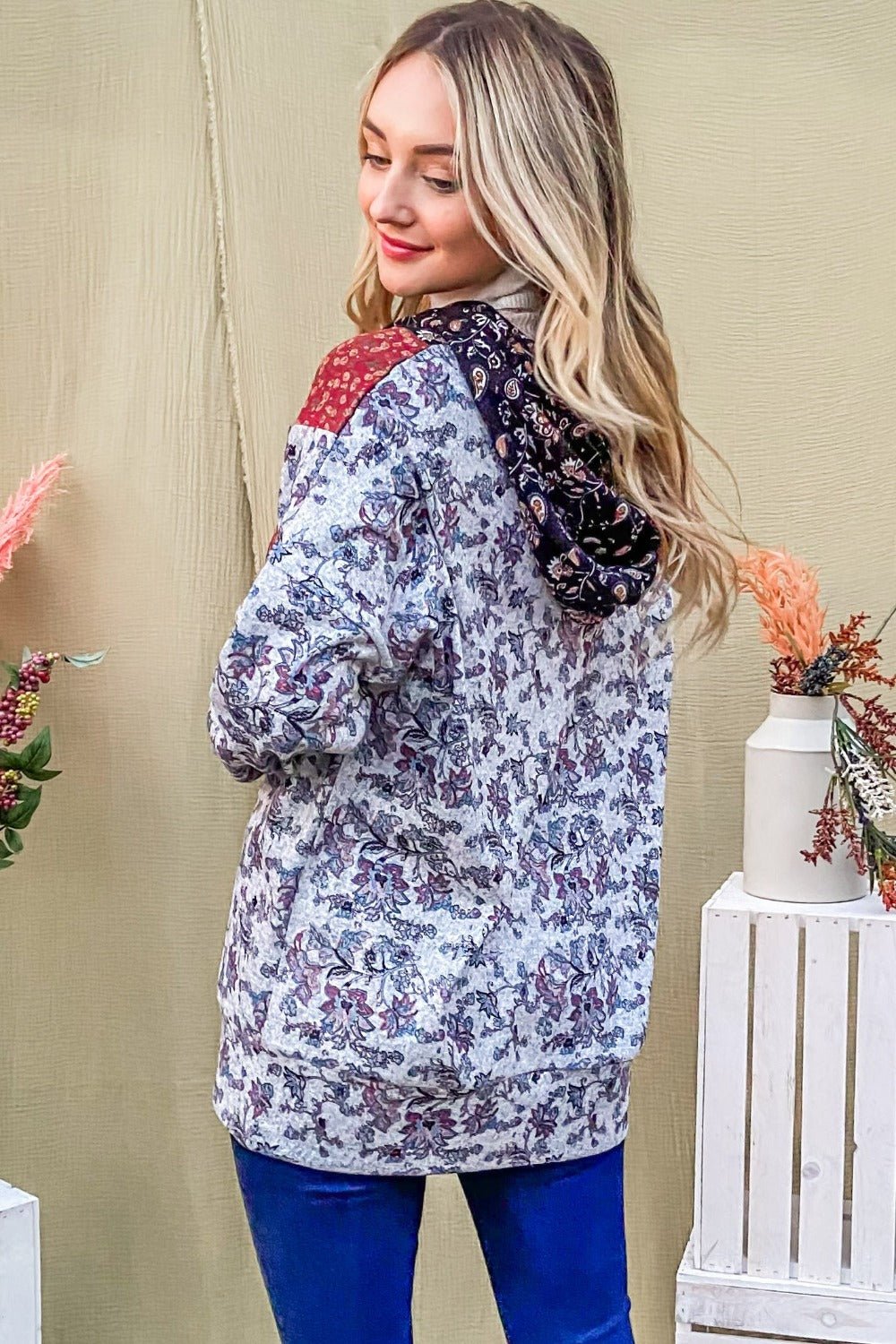 And The Why Printed Half Zip Up Long Sleeve Hoodie - Bitsy Gypsy Boutique