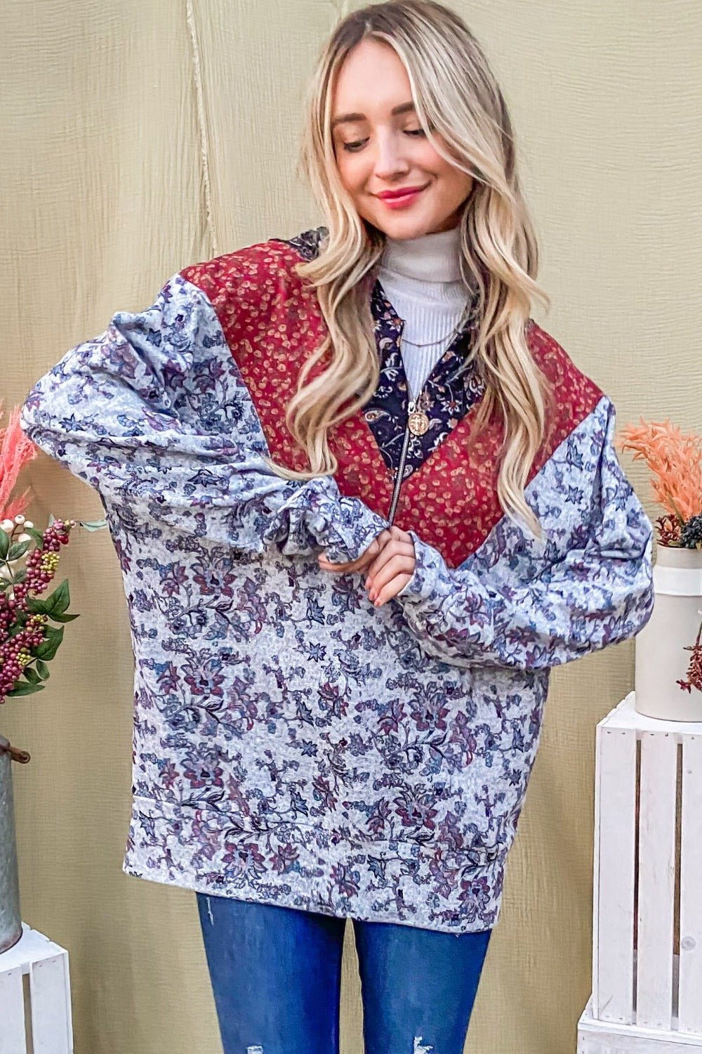 And The Why Printed Half Zip Up Long Sleeve Hoodie - Bitsy Gypsy Boutique