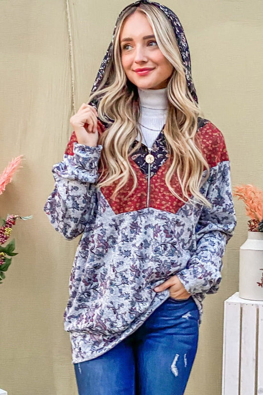 And The Why Printed Half Zip Up Long Sleeve Hoodie - Bitsy Gypsy Boutique