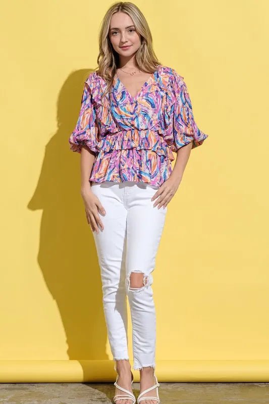 And The Why Printed Lantern Sleeve Blouse - Bitsy Gypsy Boutique