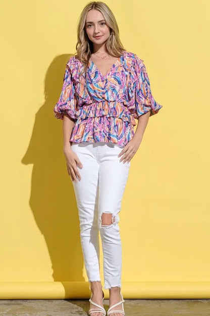 And The Why Printed Lantern Sleeve Blouse - Bitsy Gypsy Boutique