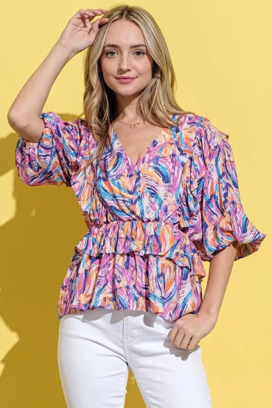 And The Why Printed Lantern Sleeve Blouse - Bitsy Gypsy Boutique