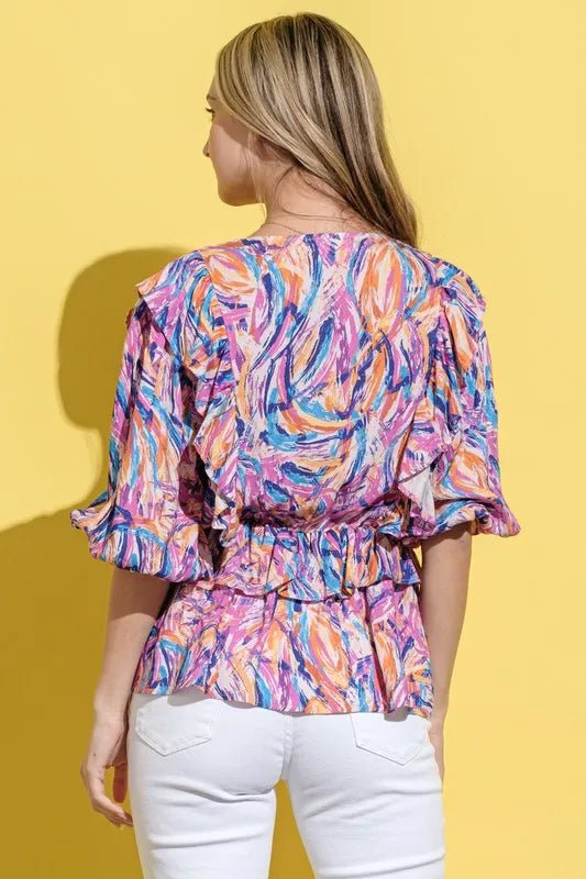 And The Why Printed Lantern Sleeve Blouse - Bitsy Gypsy Boutique