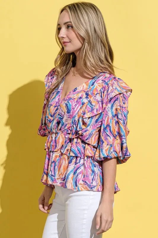 And The Why Printed Lantern Sleeve Blouse - Bitsy Gypsy Boutique