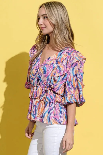 And The Why Printed Lantern Sleeve Blouse - Bitsy Gypsy Boutique