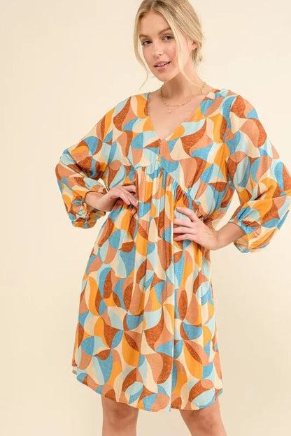 And The Why Printed Open Back Puff Sleeve Casual Dress - Bitsy Gypsy Boutique