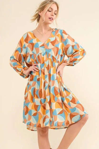And The Why Printed Open Back Puff Sleeve Casual Dress - Bitsy Gypsy Boutique