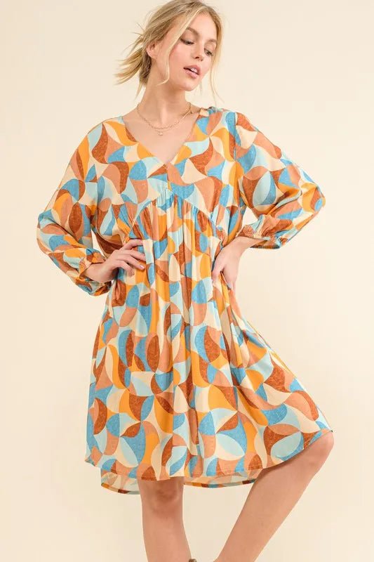 And The Why Printed Open Back Puff Sleeve Casual Dress - Bitsy Gypsy Boutique