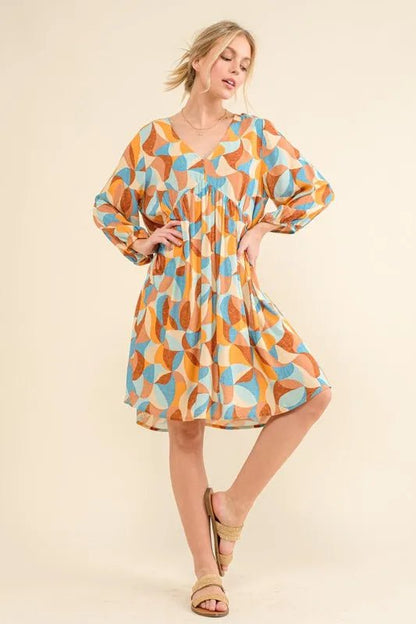 And The Why Printed Open Back Puff Sleeve Casual Dress - Bitsy Gypsy Boutique