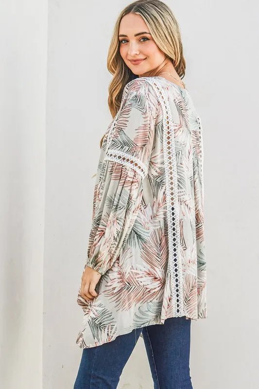 And The Why Printed with Lace Trim Casual Tunic Top - Bitsy Gypsy Boutique