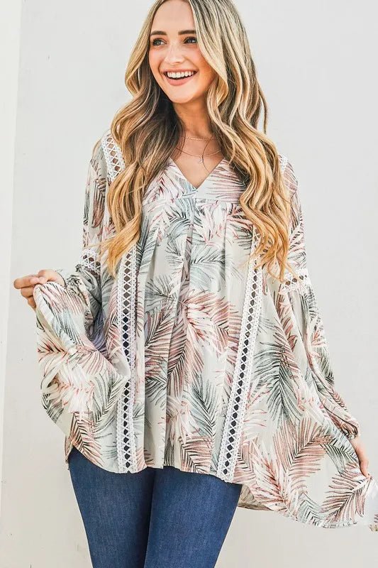 And The Why Printed with Lace Trim Casual Tunic Top - Bitsy Gypsy Boutique