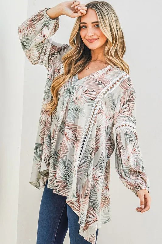 And The Why Printed with Lace Trim Casual Tunic Top - Bitsy Gypsy Boutique