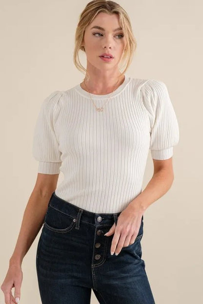 And The Why Puffed Half Sleeve Rib Basic Bodysuit - Bitsy Gypsy Boutique
