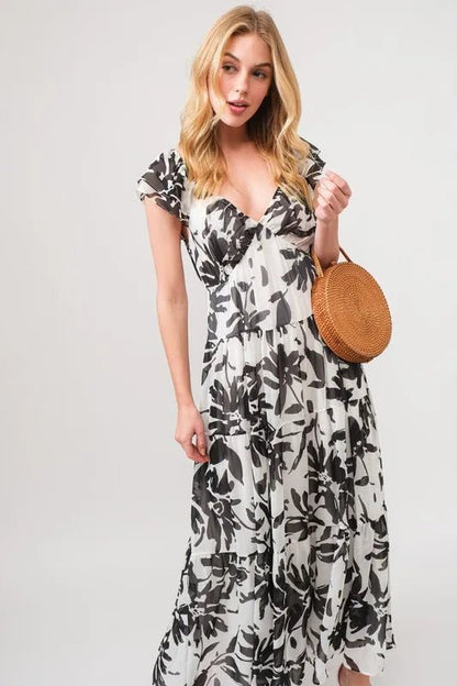 And The Why Ruffled Sleeve Tiered Floral Print Maxi Dress - Bitsy Gypsy Boutique