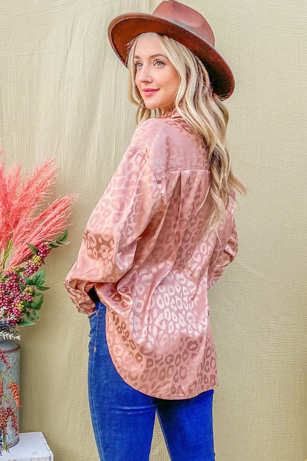 And The Why Satin Leopard Button Up Curved Hem Shirt - Bitsy Gypsy Boutique