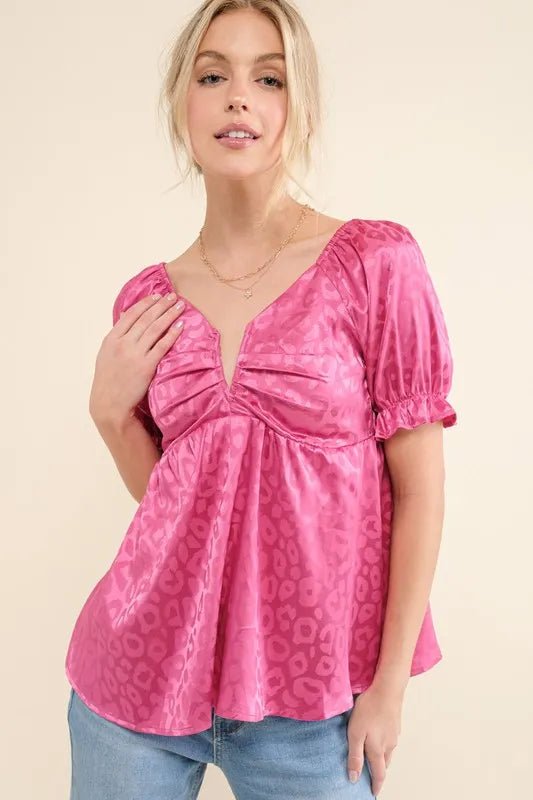And The Why Satin Leopard V Wired Puff Sleeves Blouse - Bitsy Gypsy Boutique