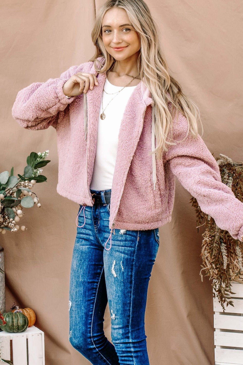 And The Why Sherpa Drawstring Cropped Hooded Jacket - Bitsy Gypsy Boutique